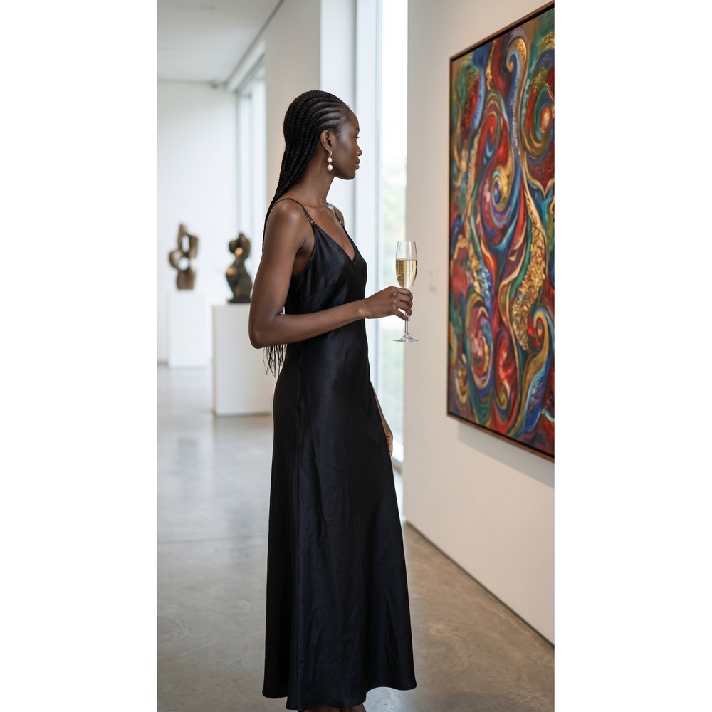 Black Satin V-Neck Maxi Slip Dress Adjustable Spaghetti Straps L/XL Minimalist